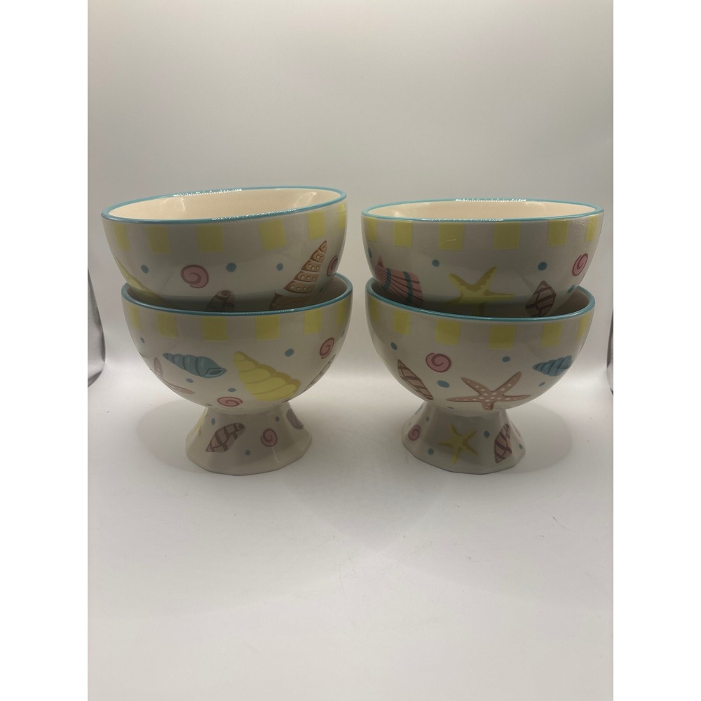 Rare Certified International Coastal Seashell Pedestal Ice Cream Bowls Set of 4